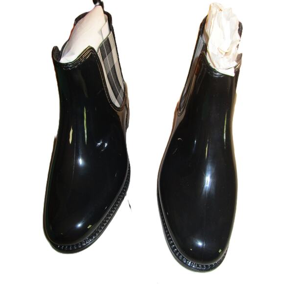 Henry Ferrera Women's Chelsea Rain Boots Shiny Black Marsala Plaid Size 9 - Picture 2 of 6